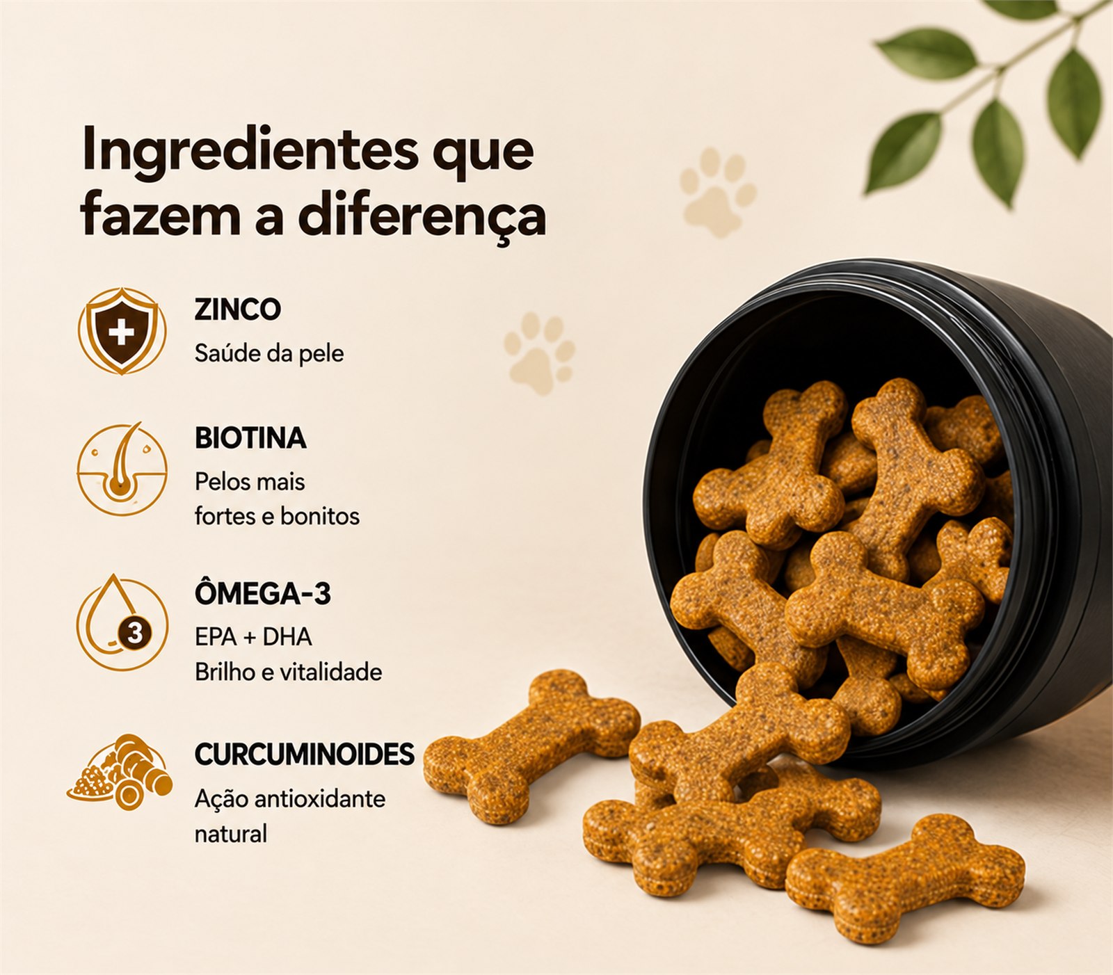 Ingredientes que fazem a diferença: Zinco para a saúde da pele, Biotina para pelos mais fortes e bonitos, Ômega-3 EPA e DHA para brilho e vitalidade, e Curcuminoides para ação antioxidante natural