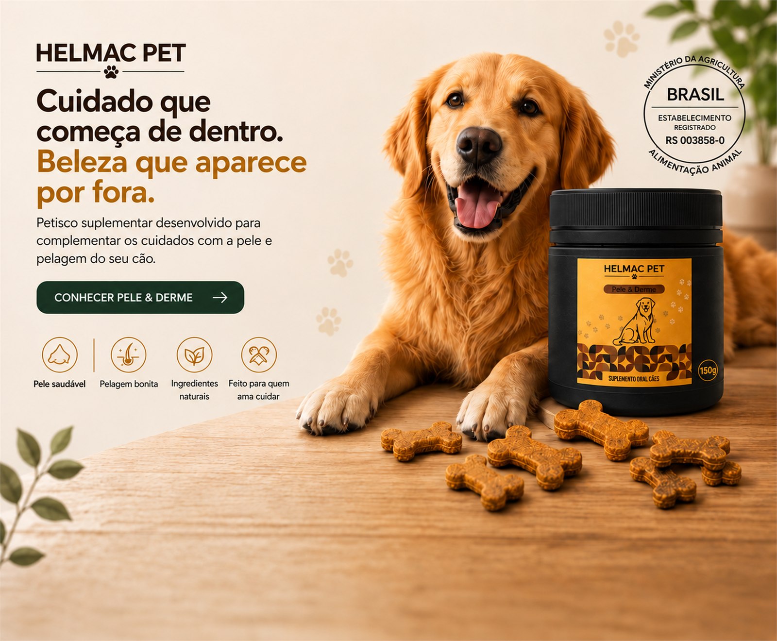 Helmac Pet Pelo & Derme: cuidado que começa de dentro, beleza que aparece por fora. Petisco suplementar para a pele e a pelagem do seu cão, com selo de estabelecimento registrado no MAPA.